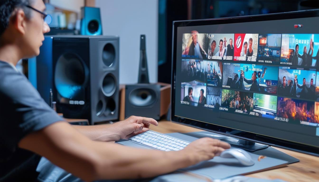 A person sits in front of a computer scheduling video to social media platforms.