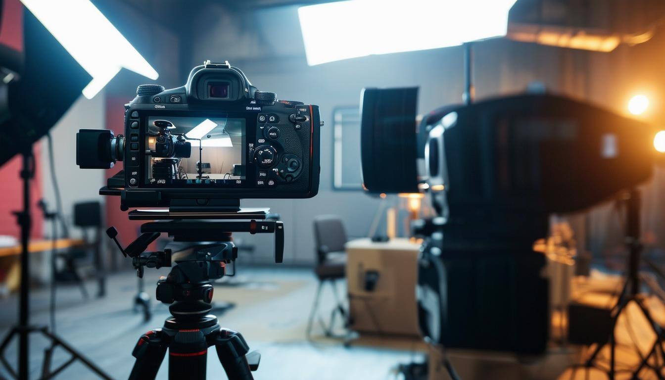 in the foreground, a camera display screen shows a video production set in the background